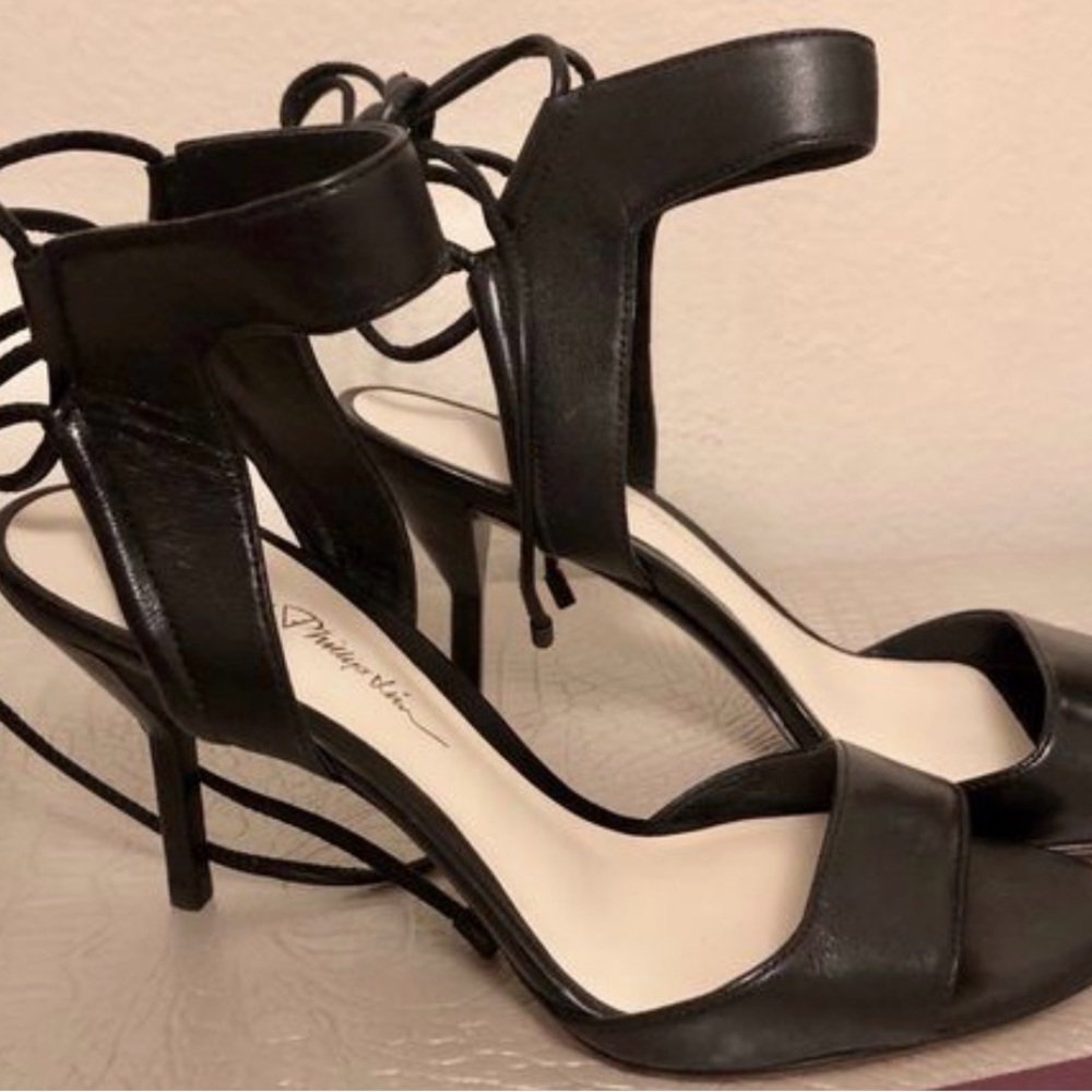 3.1 PHILLIP LIM “Martini” Ankle Wrap Black Leather Heels SZ 39 / 8.5 EUC - Picture 2 of 5